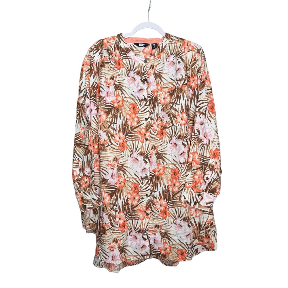 Lands End Womens Plus Size 2X White Tropic Palm Linen A Line Tunic Top Blouse